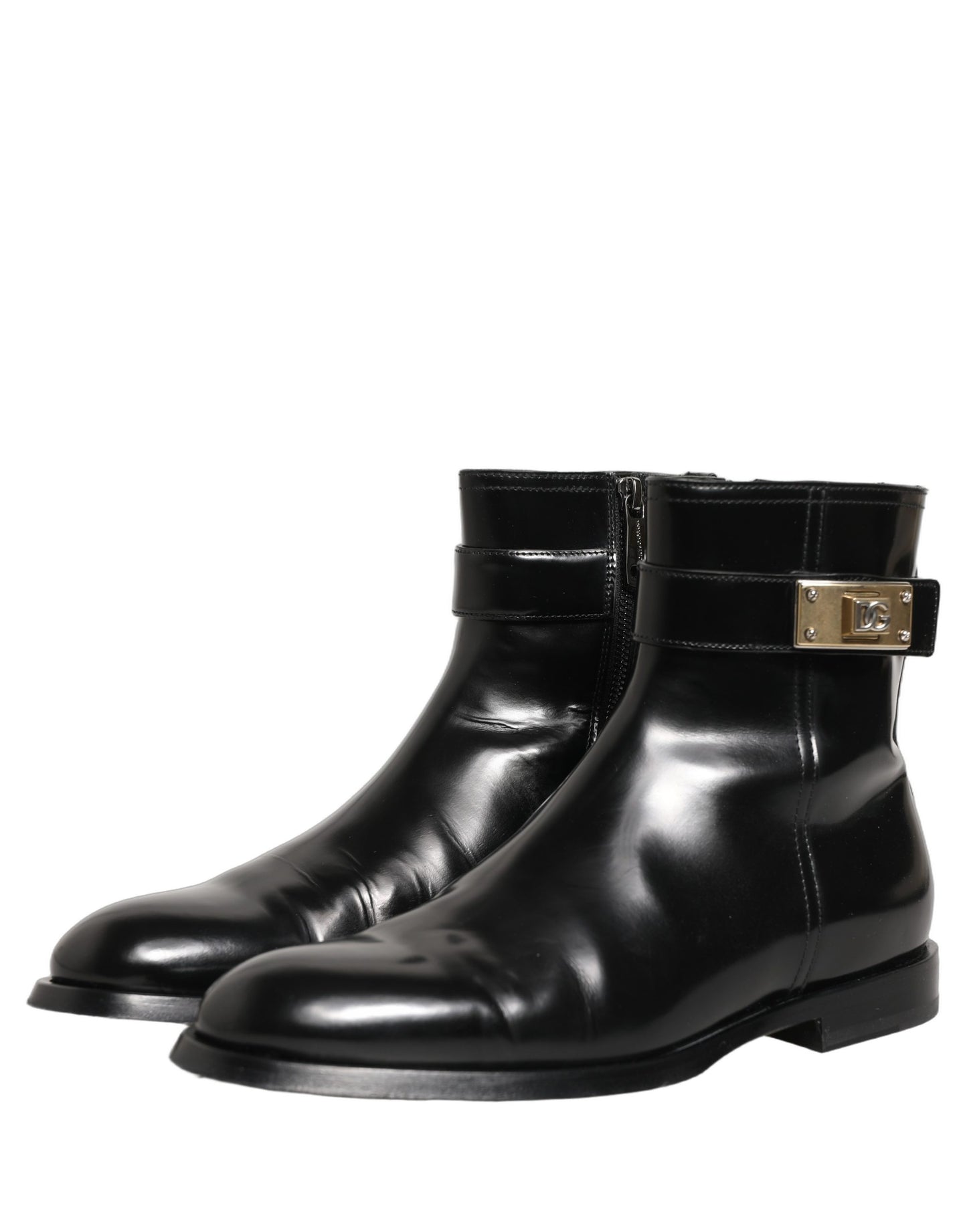 Dolce & Gabbana Black Leather Logo Buckle Mid Calf Boots