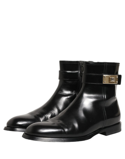 Dolce & Gabbana Black Leather Logo Buckle Mid Calf Boots
