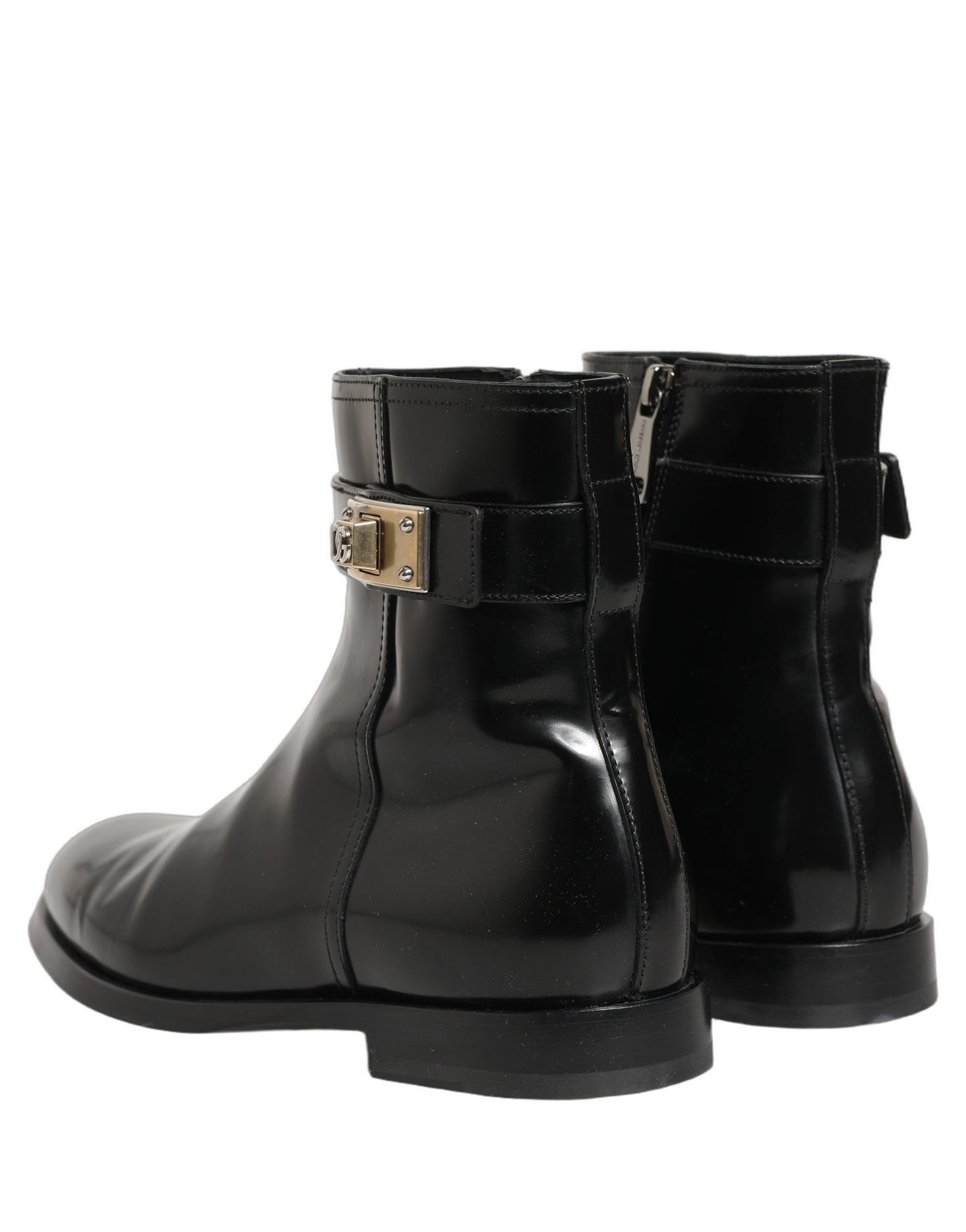 Dolce & Gabbana Black Leather Logo Buckle Mid Calf Boots
