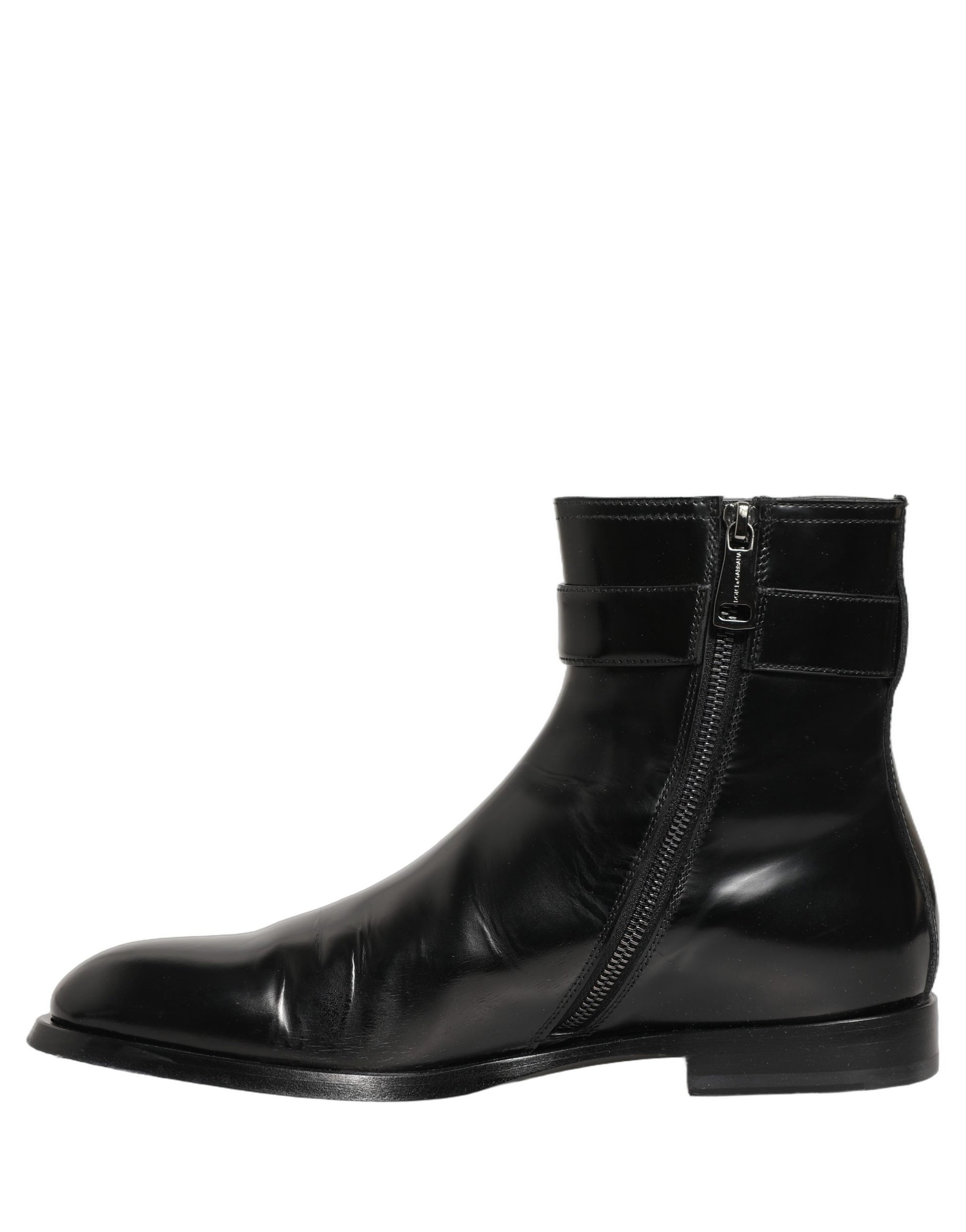 Dolce & Gabbana Black Leather Logo Buckle Mid Calf Boots