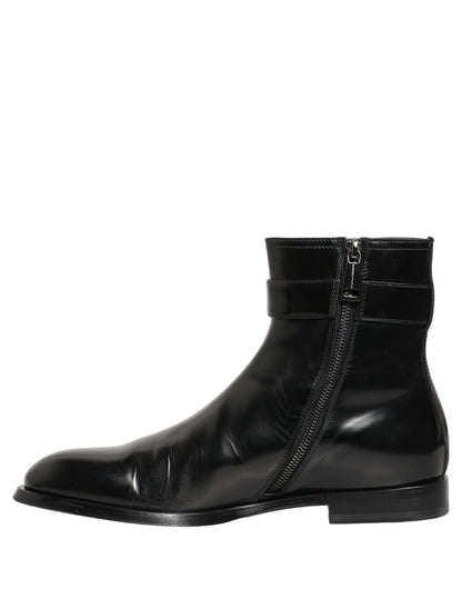 Dolce & Gabbana Black Leather Logo Buckle Mid Calf Boots