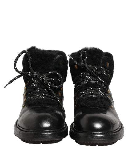 Dolce & Gabbana Black Trekking Fur Lace Leather Boots