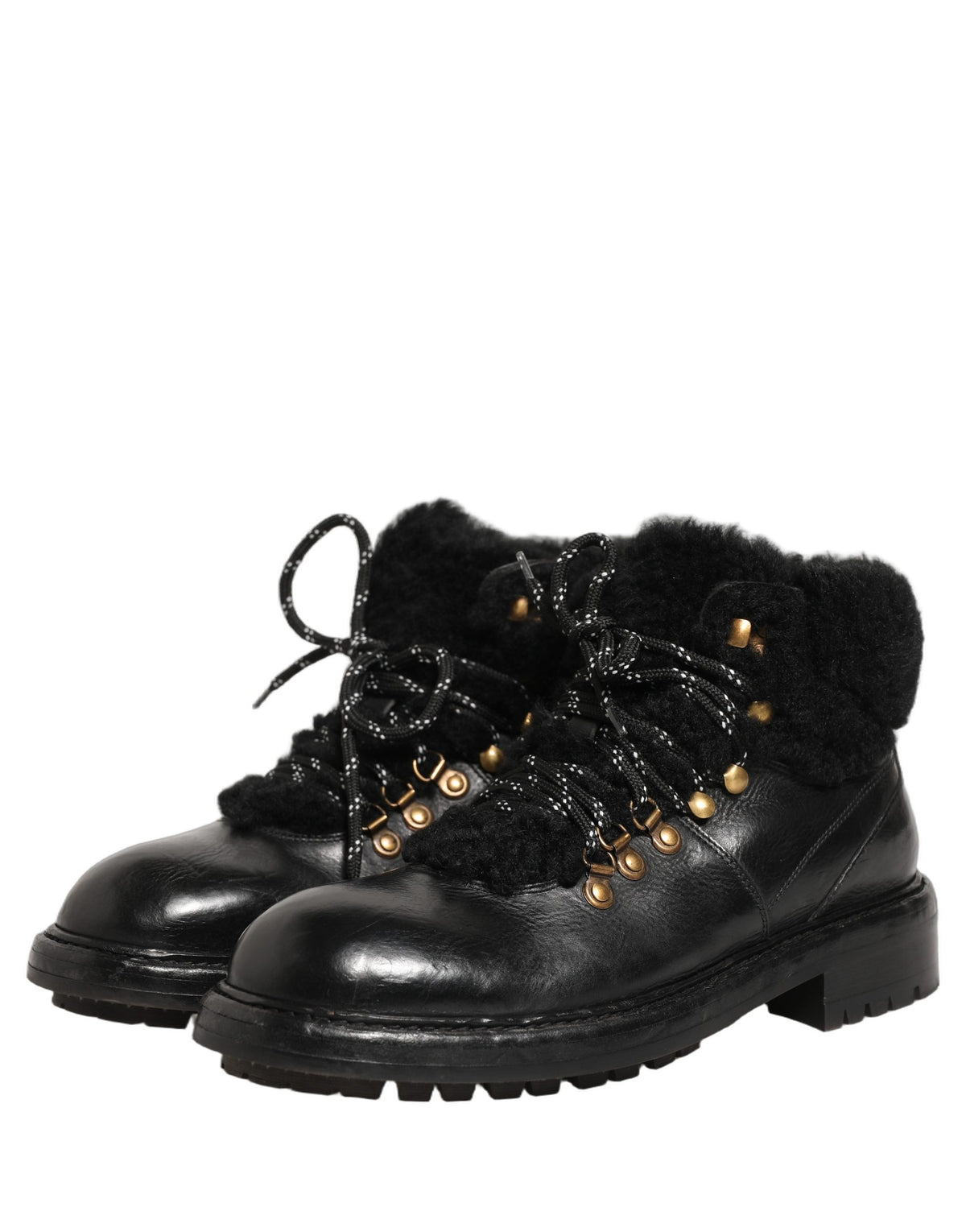 Dolce & Gabbana Black Trekking Fur Lace Leather Boots