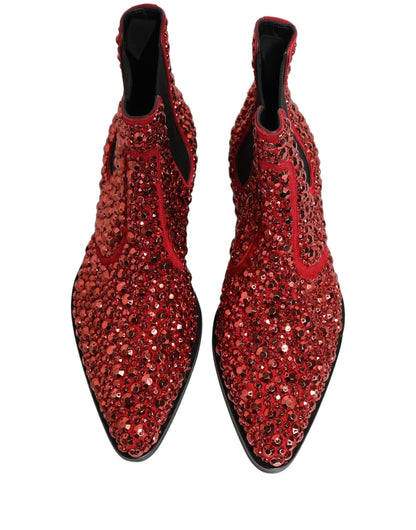 Dolce & Gabbana Red Embellished Chelsea Ankle Boots