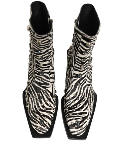 Dolce & Gabbana Black and White Zebra Embellished Mid Calf Boots