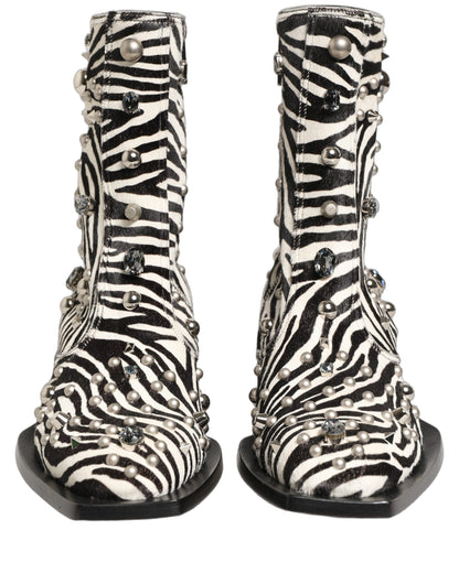Dolce & Gabbana Black and White Zebra Embellished Mid Calf Boots