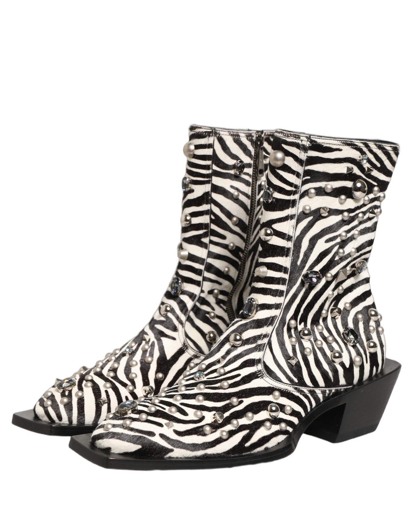 Dolce & Gabbana Black and White Zebra Embellished Mid Calf Boots
