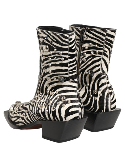 Dolce & Gabbana Black and White Zebra Embellished Mid Calf Boots