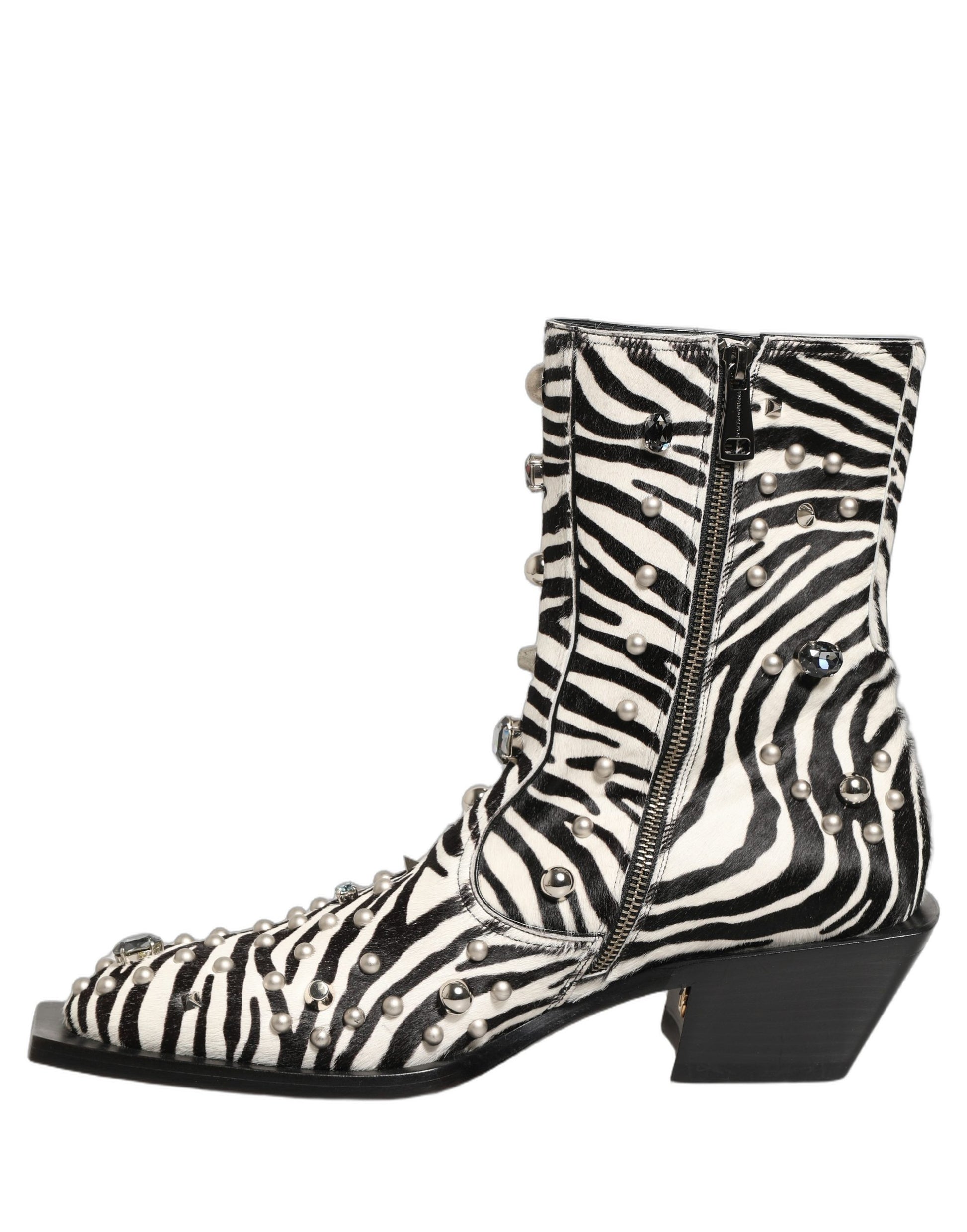 Dolce & Gabbana Black and White Zebra Embellished Mid Calf Boots