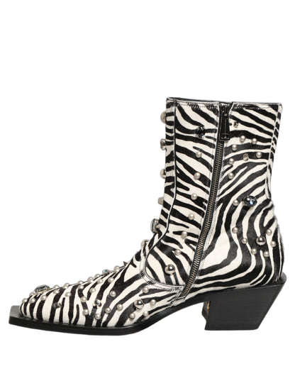 Dolce & Gabbana Black and White Zebra Embellished Mid Calf Boots