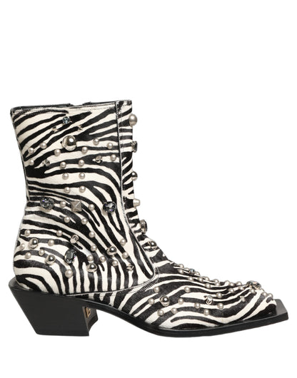 Dolce & Gabbana Black and White Zebra Embellished Mid Calf Boots