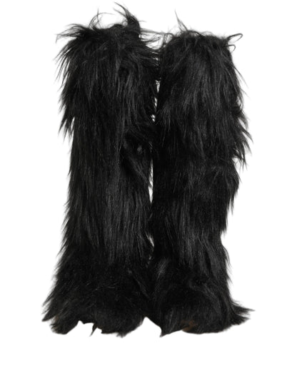 Dolce & Gabbana Black Faux Fur Mid Calf Winter Boots Shoes