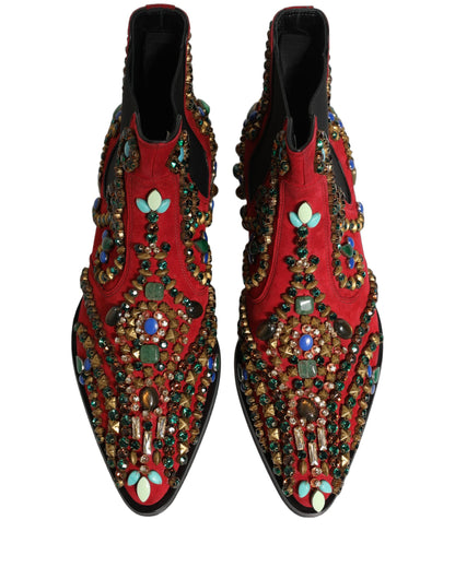 Dolce & Gabbana Red Embellished Chelsea Ankle Boots Shoes