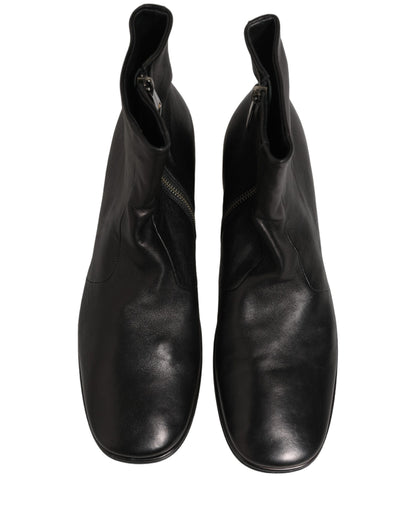 Dolce & Gabbana Black Leather Logo Short Ankle Boots Shoes