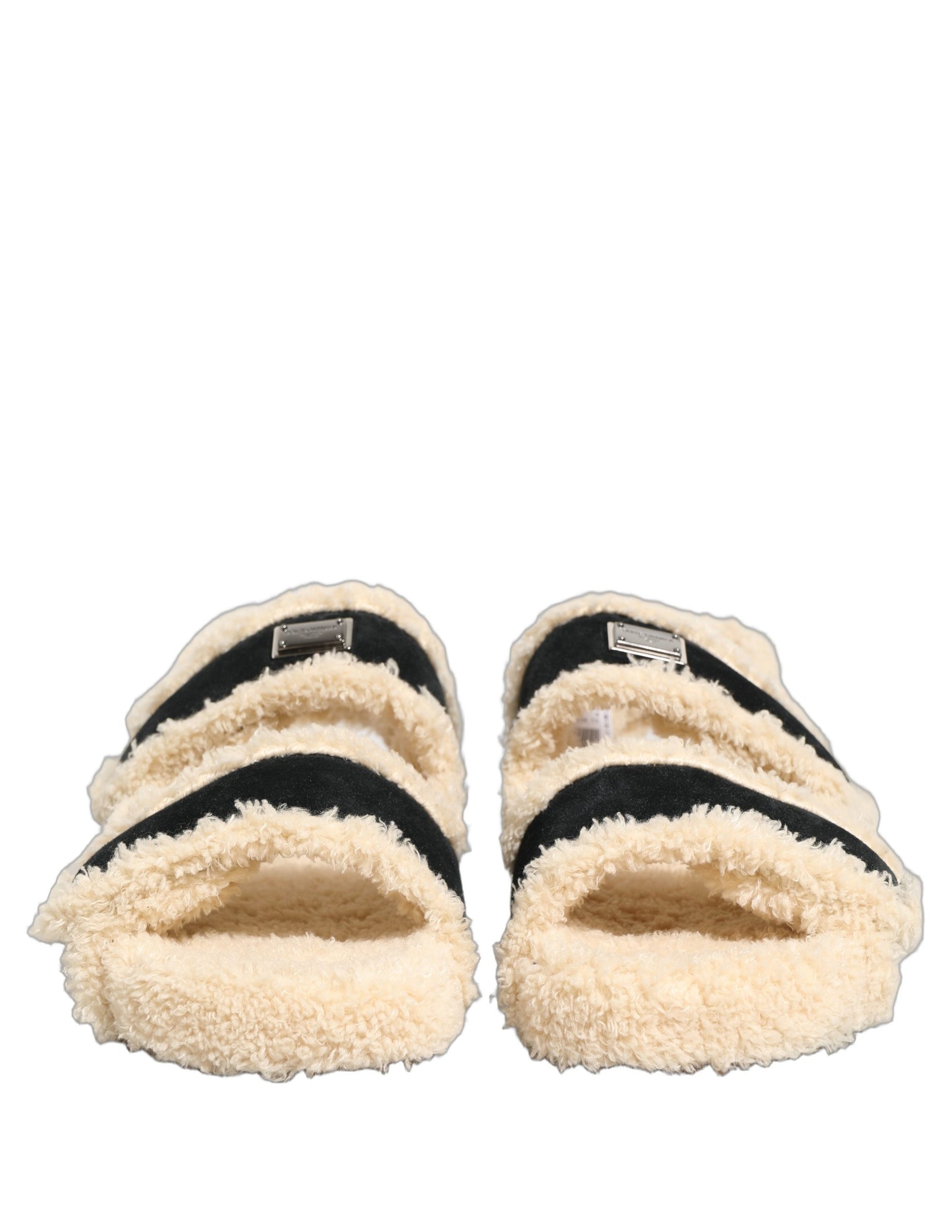 Dolce & Gabbana Beige Black Faux Fur Flats Sandals for Men