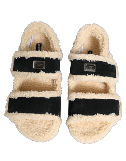 Dolce & Gabbana Beige Black Faux Fur Flats Sandals for Men