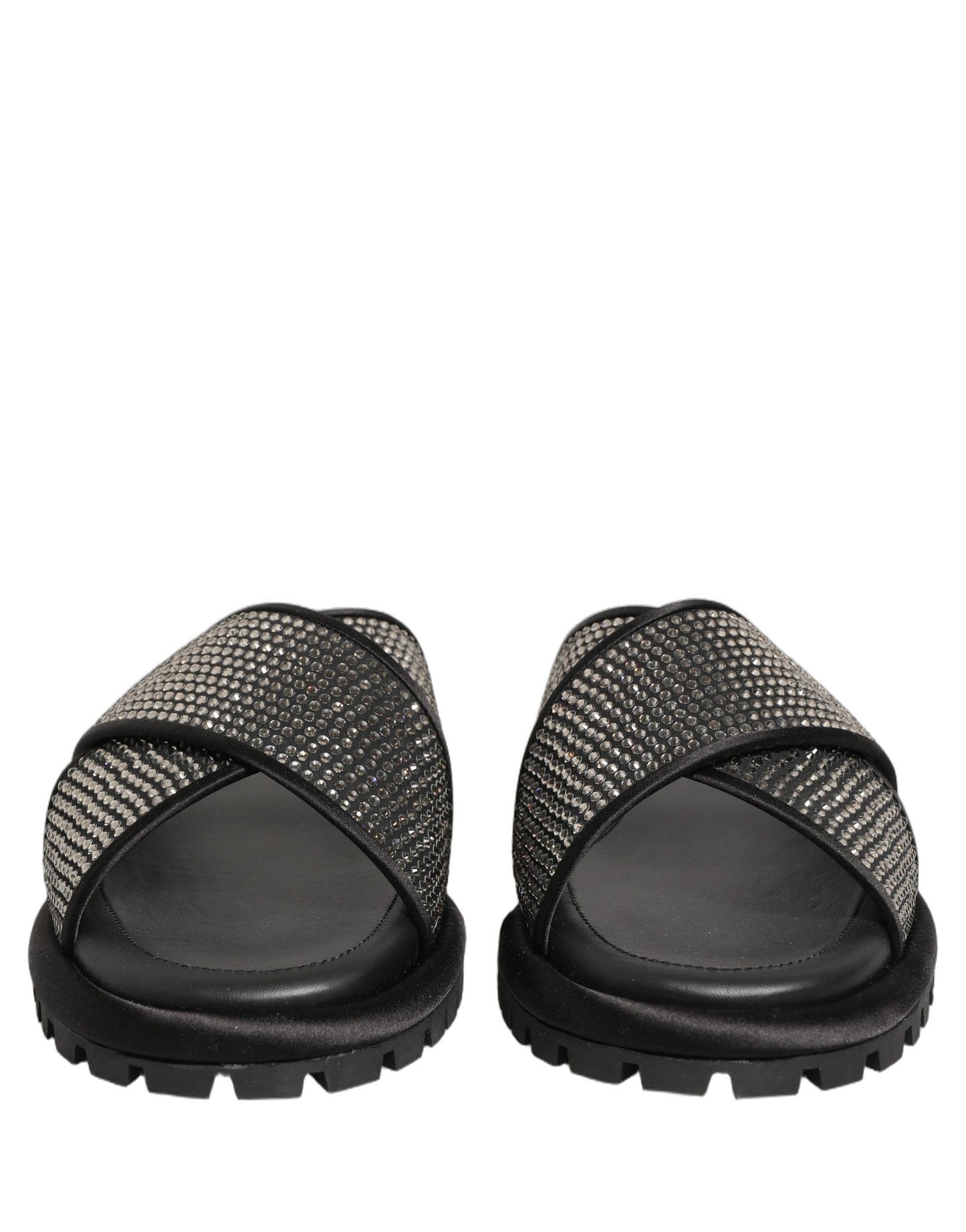 Dolce & Gabbana Black Strass Criss Cross Slide Sandals
