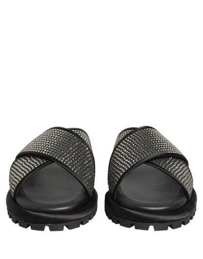 Dolce & Gabbana Black Strass Criss Cross Slide Sandals