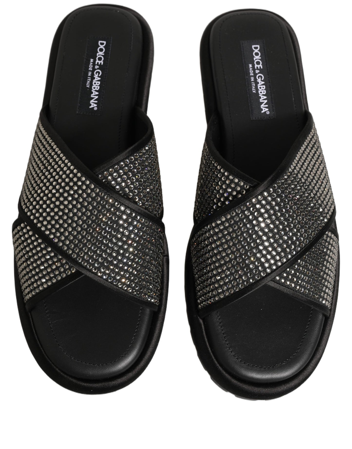 Dolce & Gabbana Black Strass Criss Cross Slide Sandals