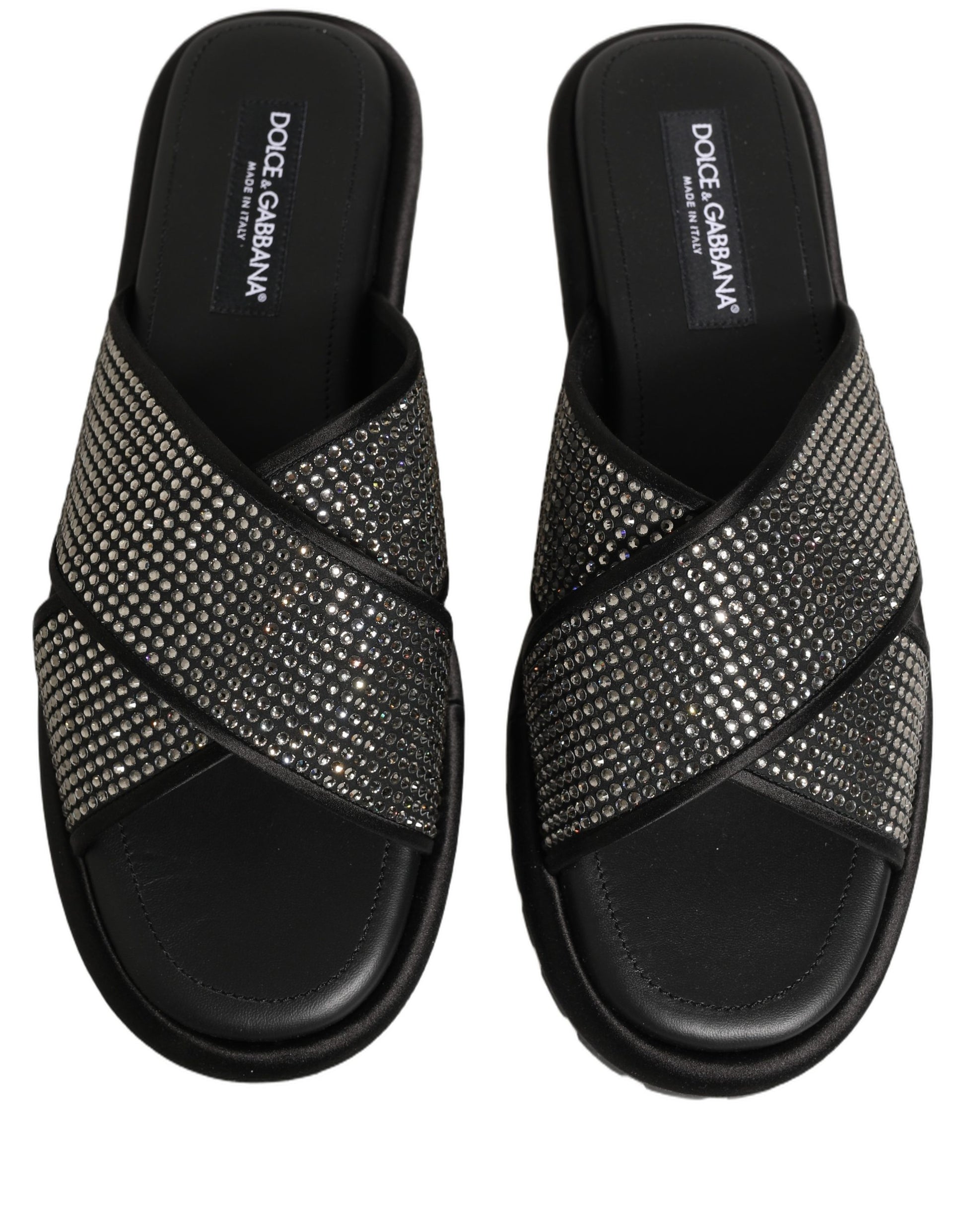 Dolce & Gabbana Black Strass Criss Cross Slide Sandals