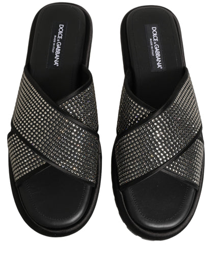 Dolce & Gabbana Black Strass Criss Cross Slide Sandals