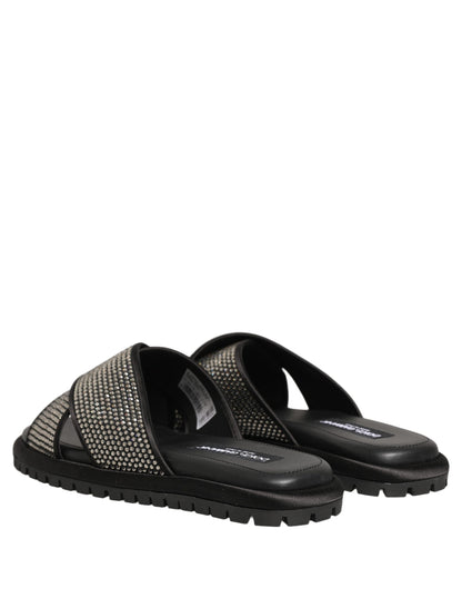 Dolce & Gabbana Black Strass Criss Cross Slide Sandals
