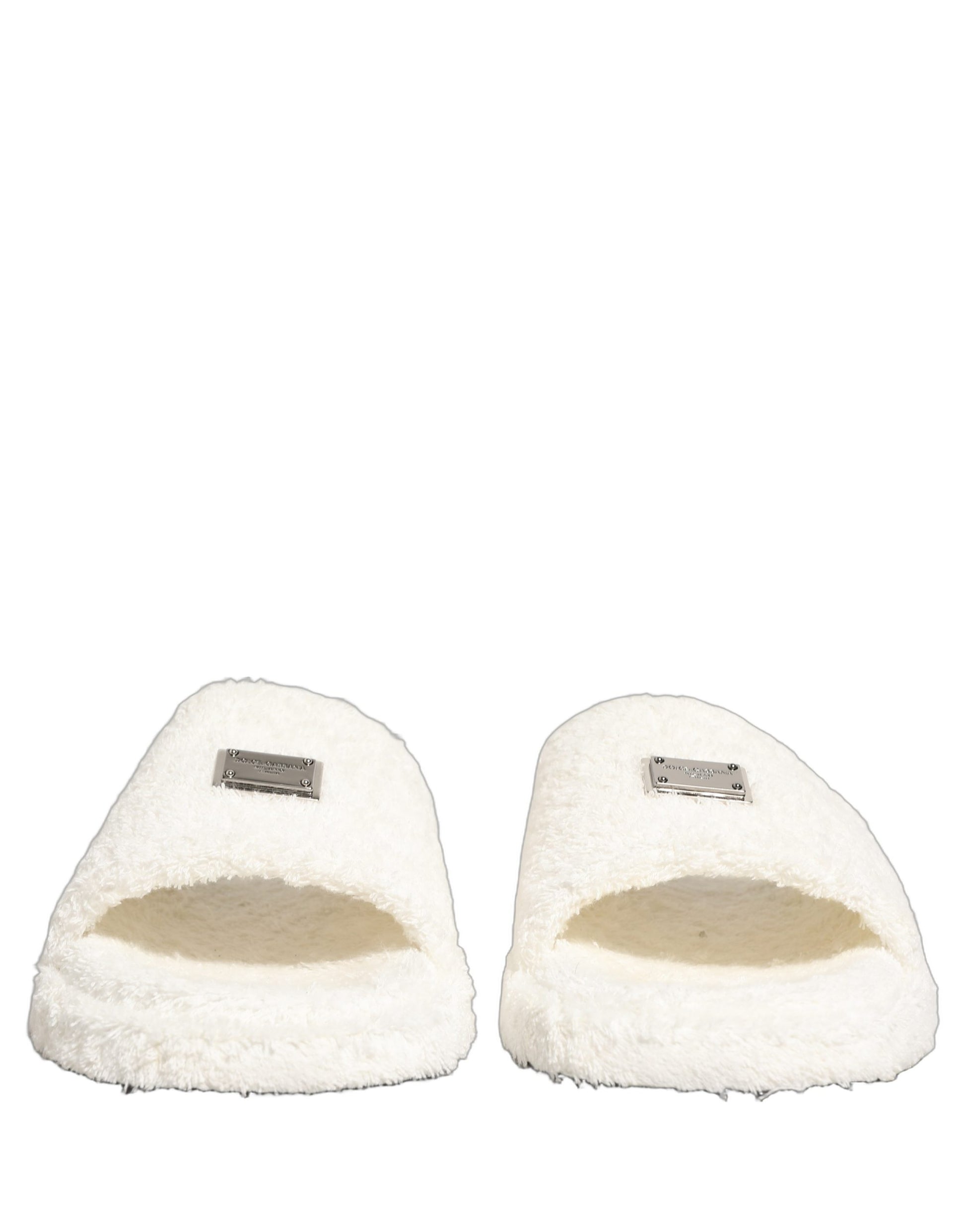 Dolce & Gabbana White Faux Fur Flats Men Slides Sandals Shoes