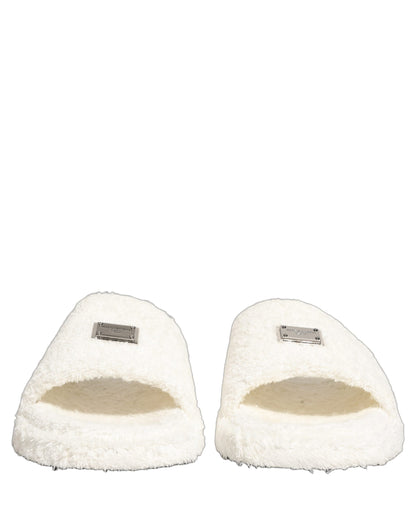 Dolce & Gabbana White Faux Fur Flats Men Slides Sandals Shoes