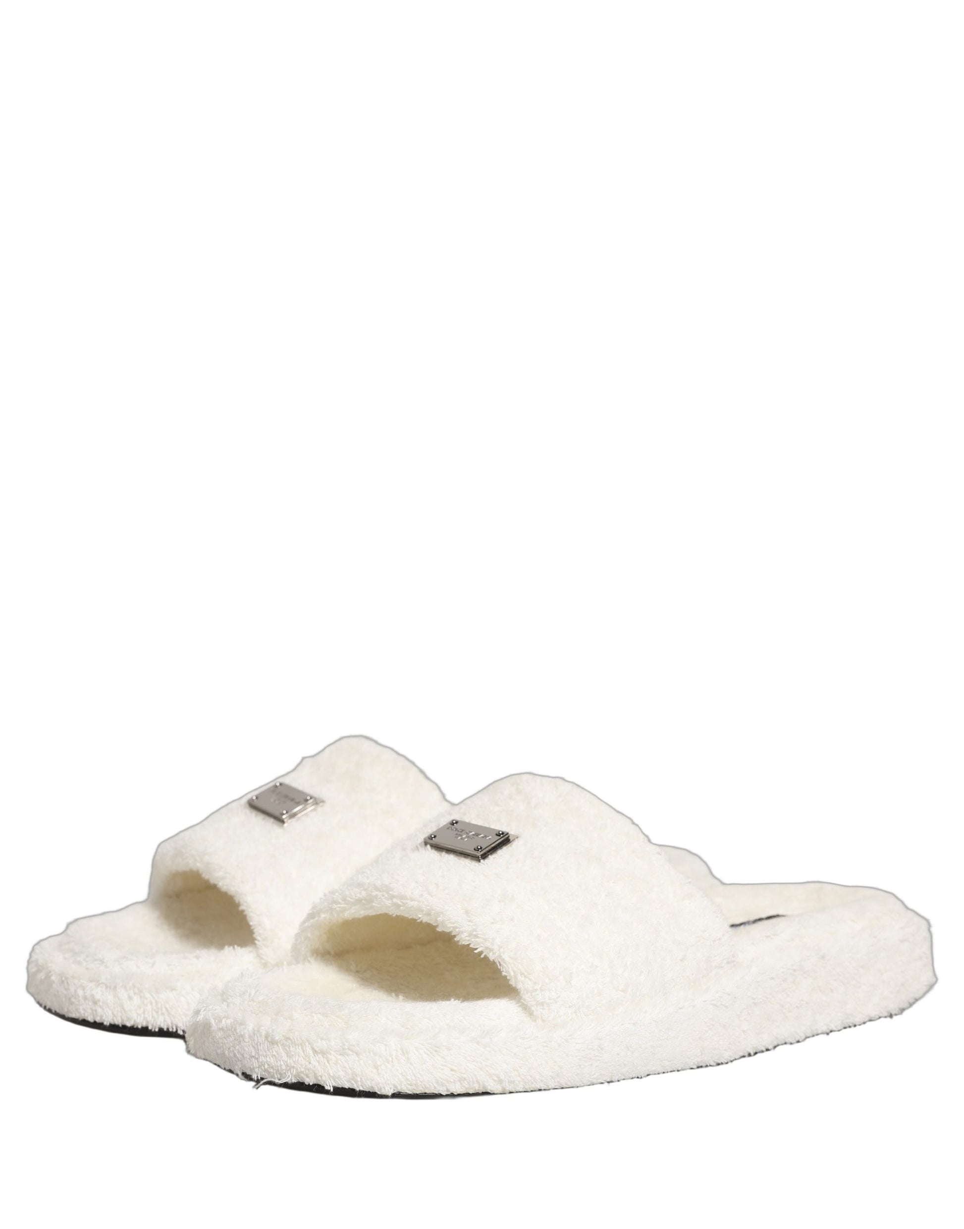 Dolce & Gabbana White Faux Fur Flats Men Slides Sandals Shoes