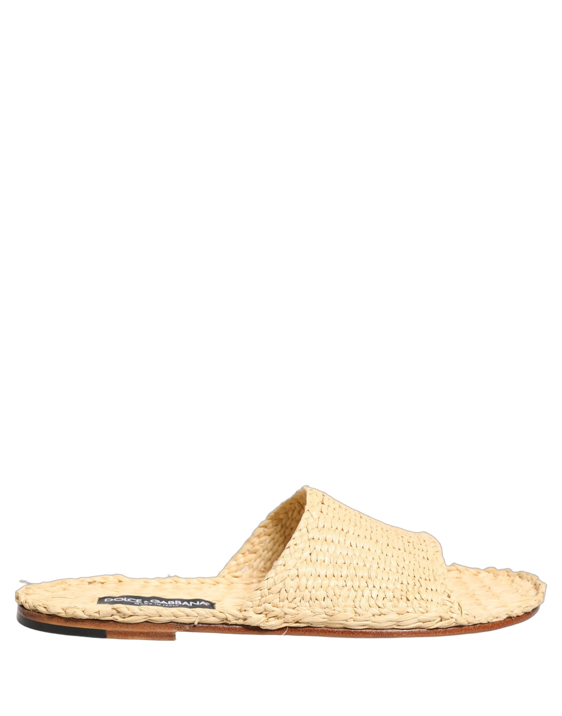 Dolce & Gabbana Beige Straw Raffia Slides Sandals