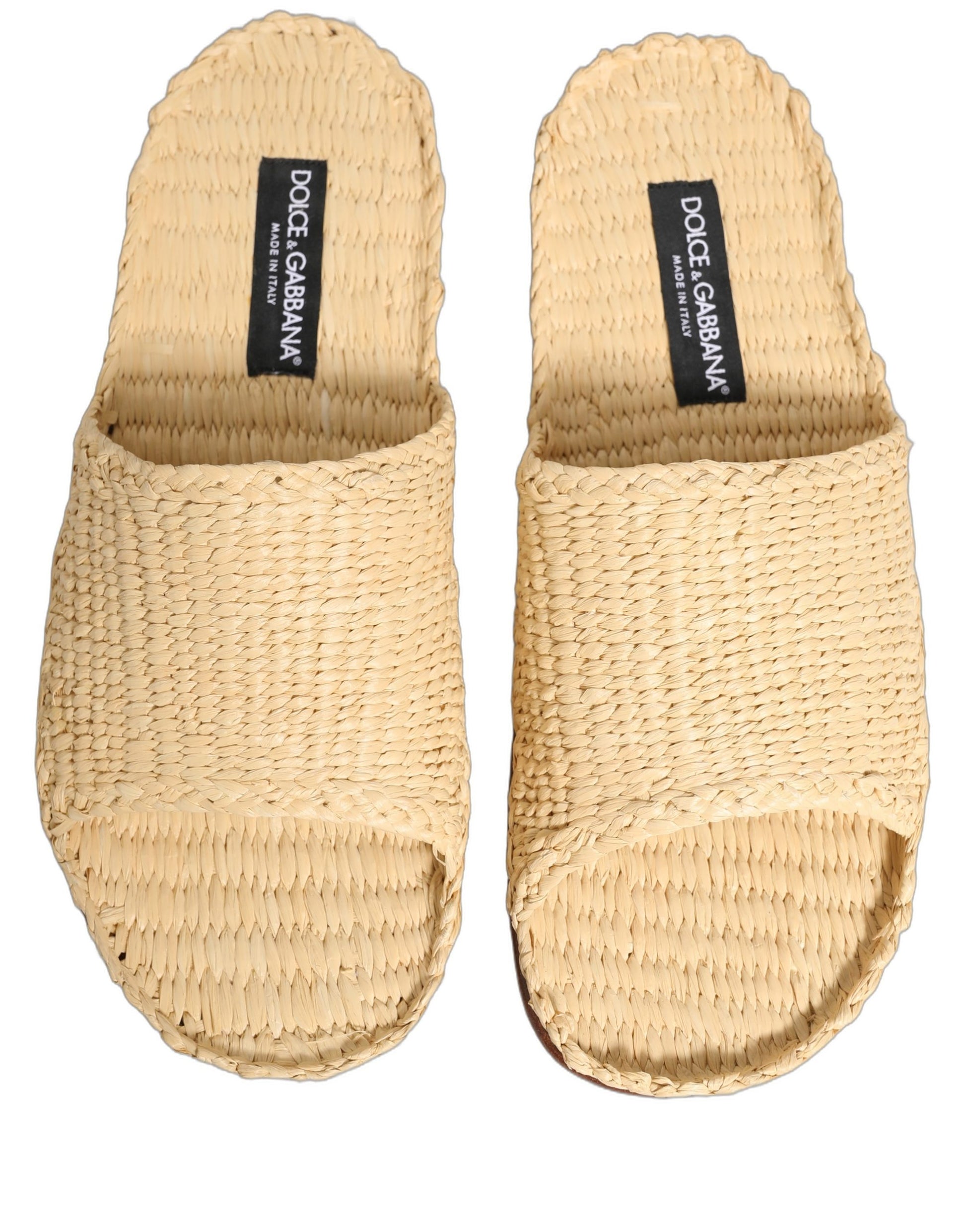 Dolce & Gabbana Beige Straw Raffia Slides Sandals