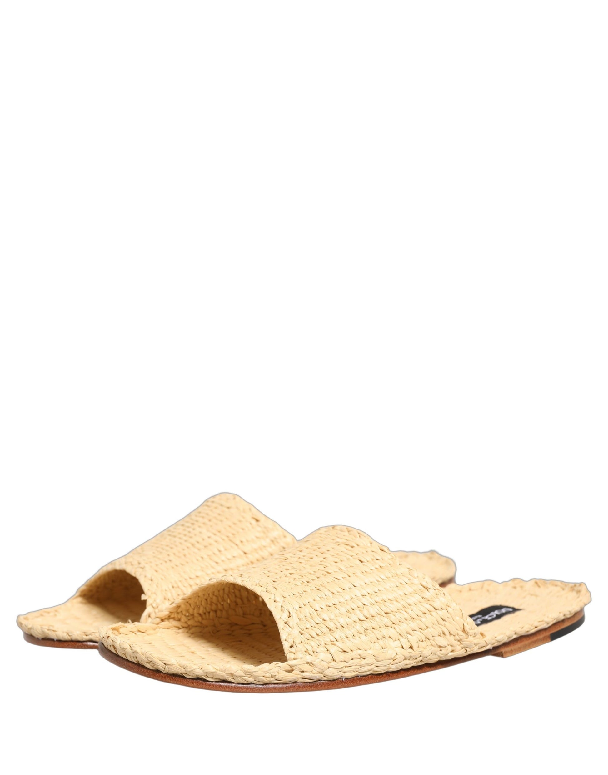 Dolce & Gabbana Beige Straw Raffia Slides Sandals