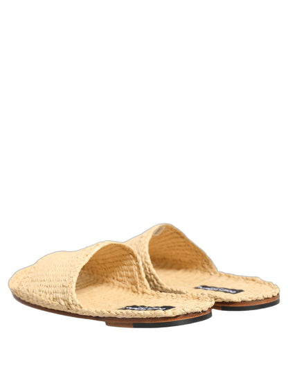 Dolce & Gabbana Beige Straw Raffia Slides Sandals