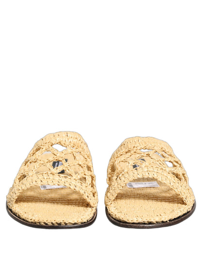 Dolce & Gabbana Beige Straw Raffia Slides Sandals