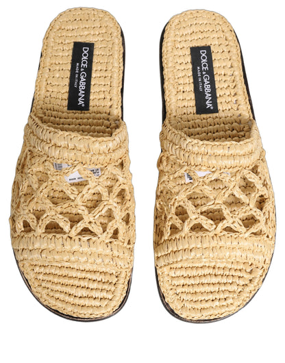 Dolce & Gabbana Beige Straw Raffia Slides Sandals