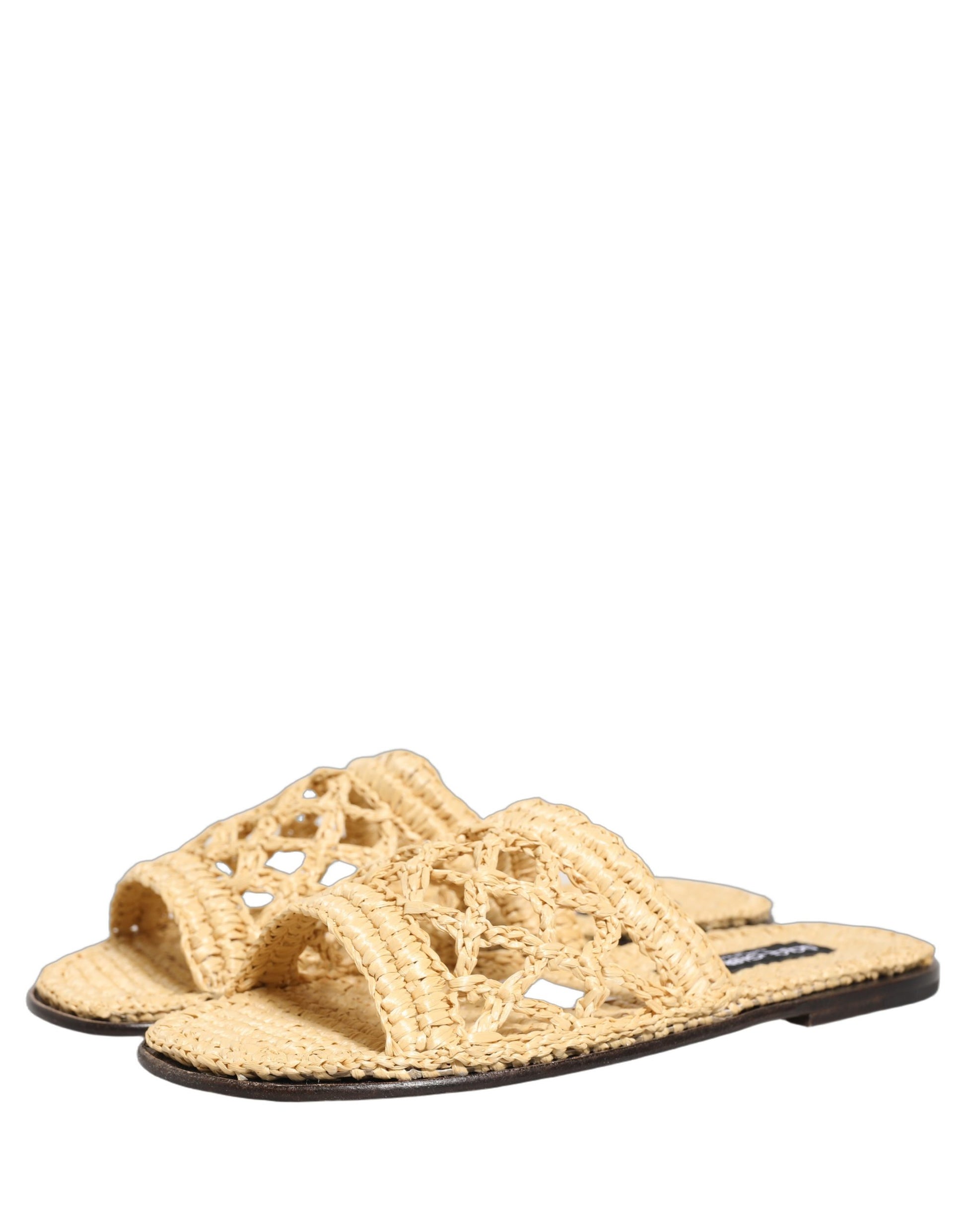 Dolce & Gabbana Beige Straw Raffia Slides Sandals