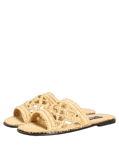Dolce & Gabbana Beige Straw Raffia Slides Sandals