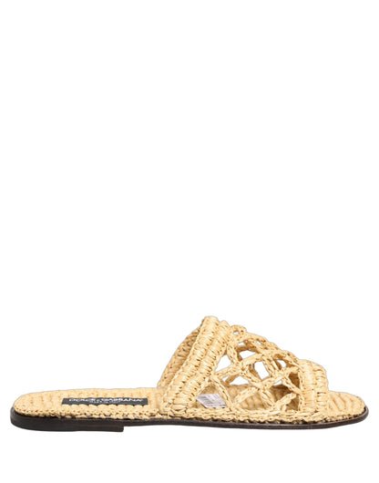 Dolce & Gabbana Beige Straw Raffia Slides Sandals