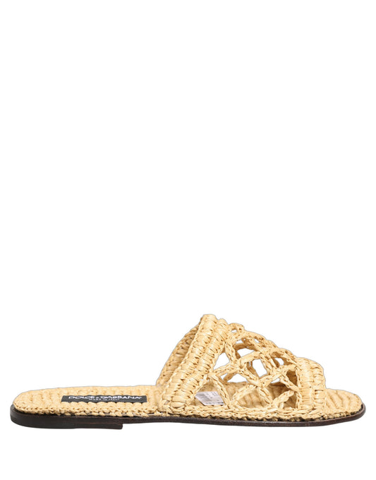 Dolce & Gabbana Beige Straw Raffia Slides Sandals