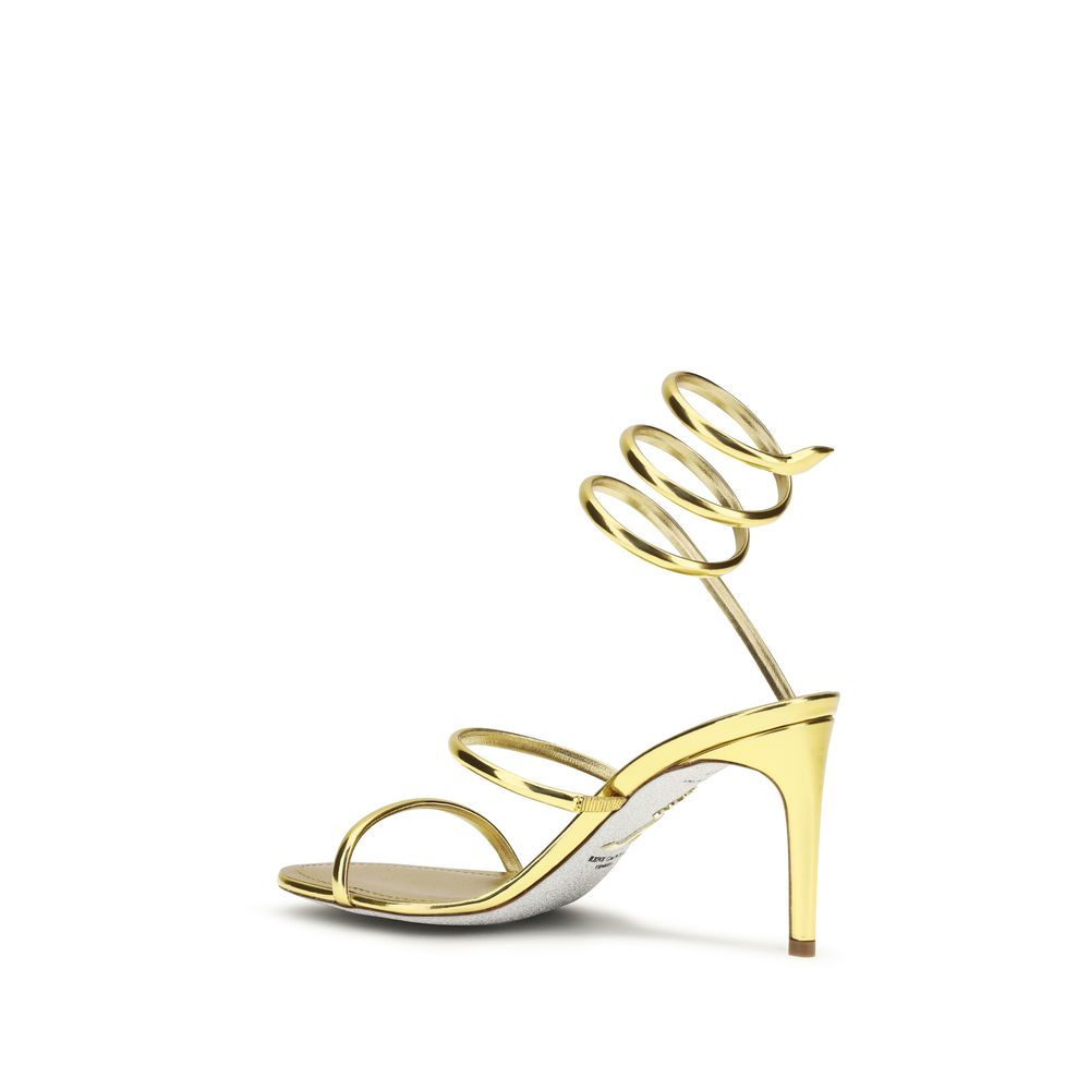 René Caovilla Gold Calf Leather Bos Taurus Stiletto Heel Sandals