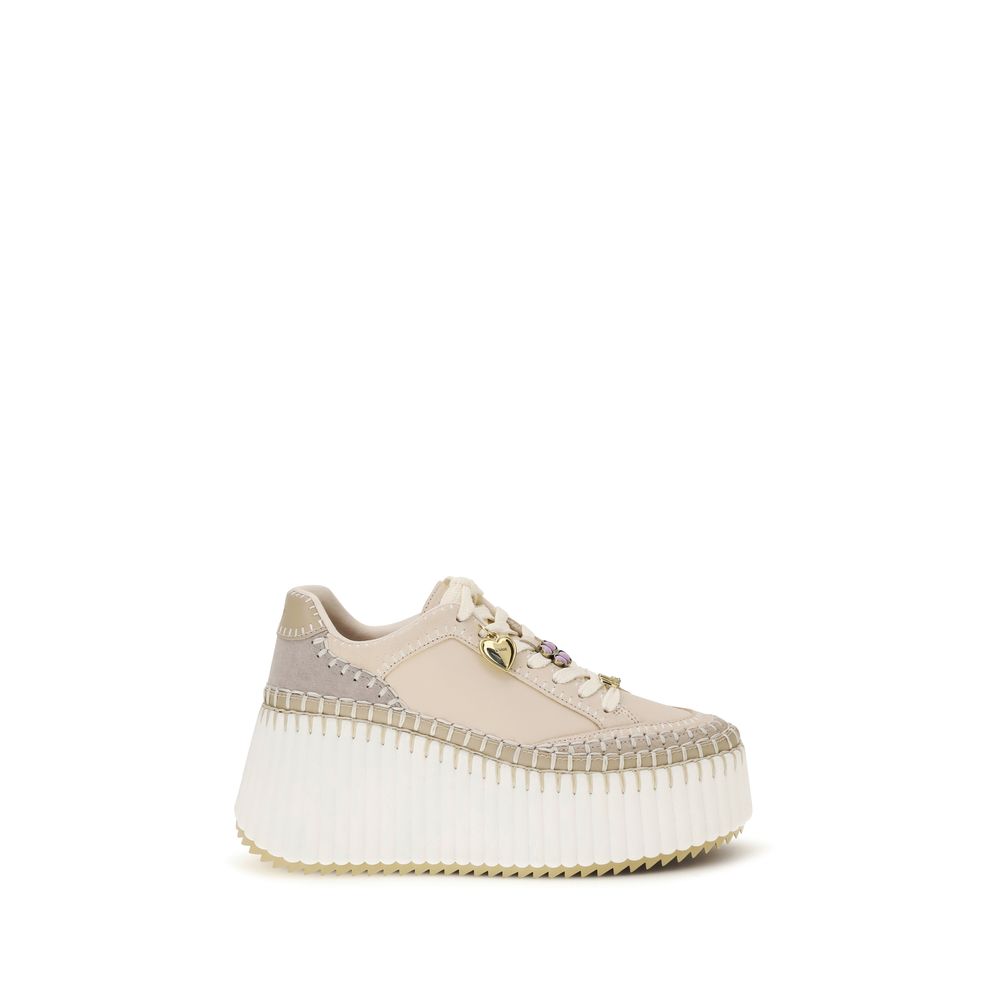 Chloé Beige Calf Leather Nama Wedge Platform Sneakers