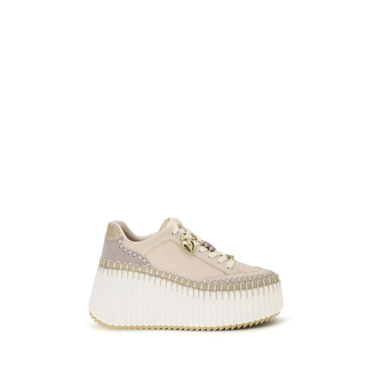 Chloé Beige Calf Leather Nama Wedge Platform Sneakers