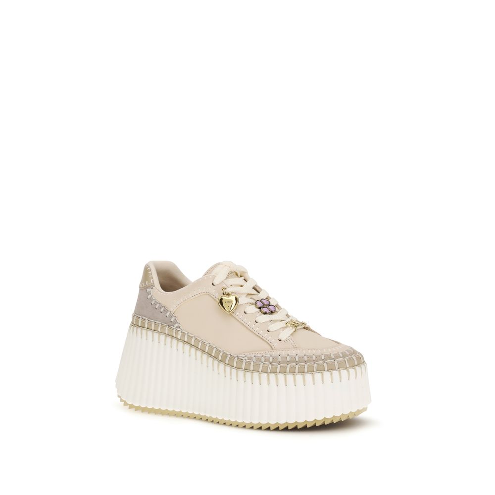 Chloé Beige Calf Leather Nama Wedge Platform Sneakers