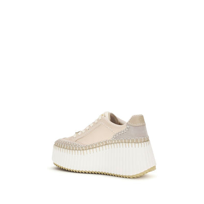 Chloé Beige Calf Leather Nama Wedge Platform Sneakers