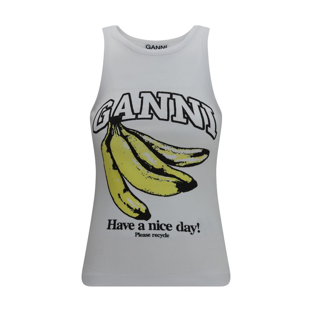Ganni White Banana Print Cotton Have a Nice Day Tank Top
