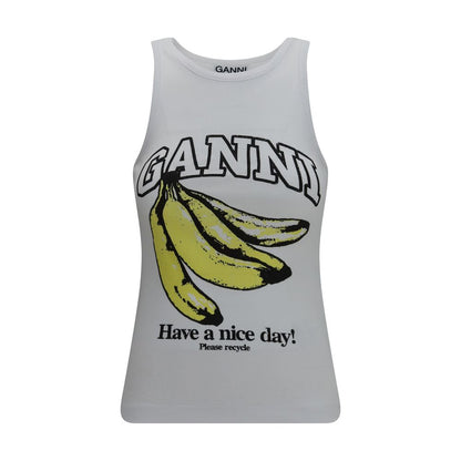 Ganni White Banana Print Cotton Have a Nice Day Tank Top