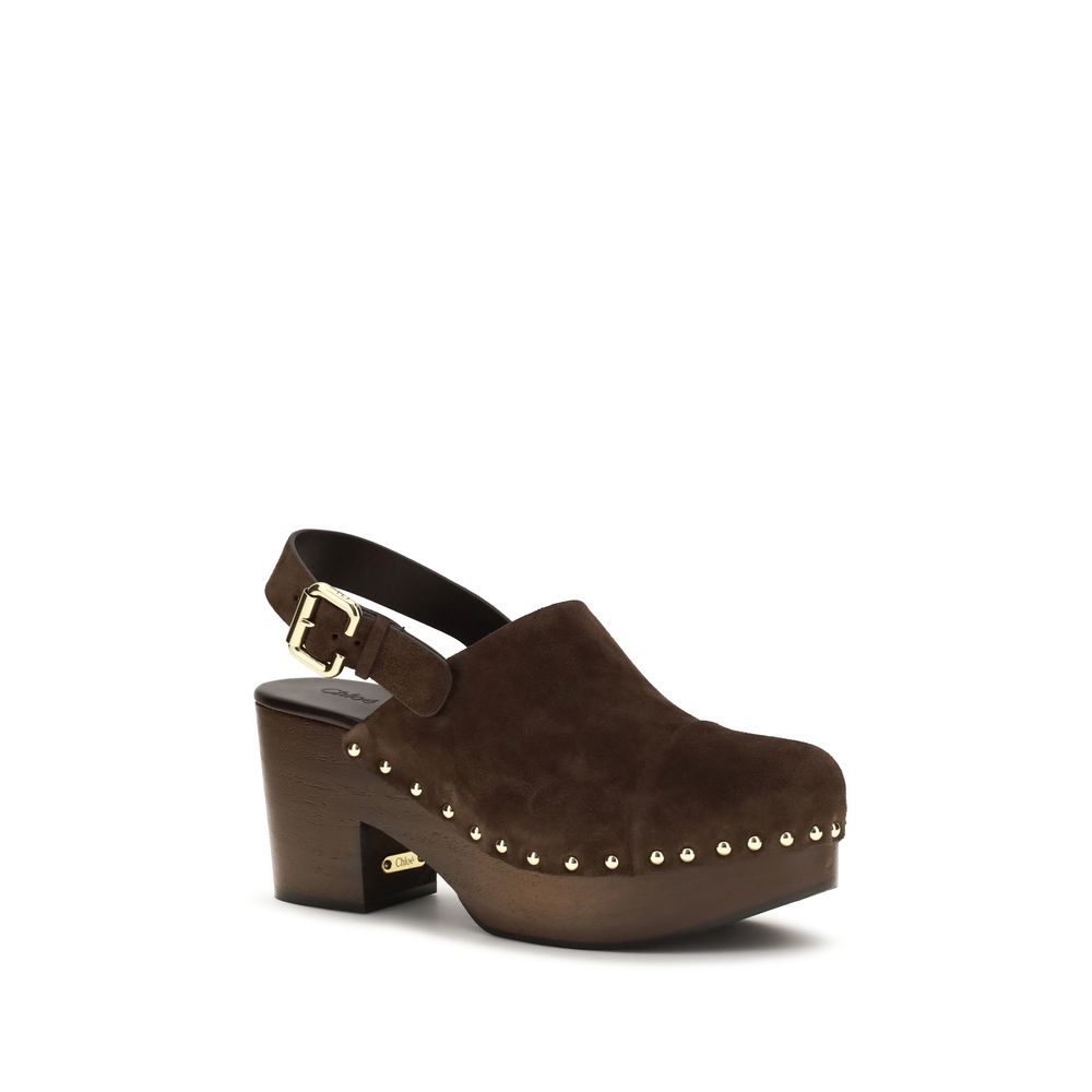Chloé Brown Calf Leather Jeanette Wedge Clogs