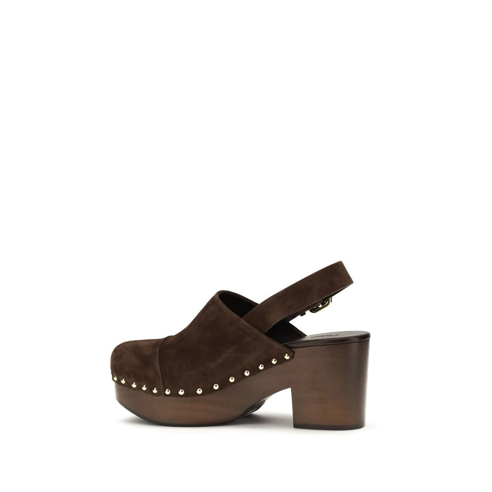 Chloé Brown Calf Leather Jeanette Wedge Clogs