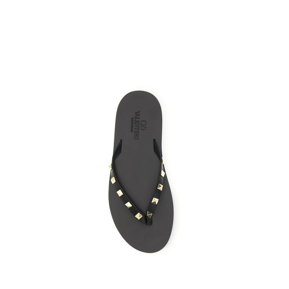 Valentino Garavani Black Leather Rockstud Flip-Flop Thong Sandals
