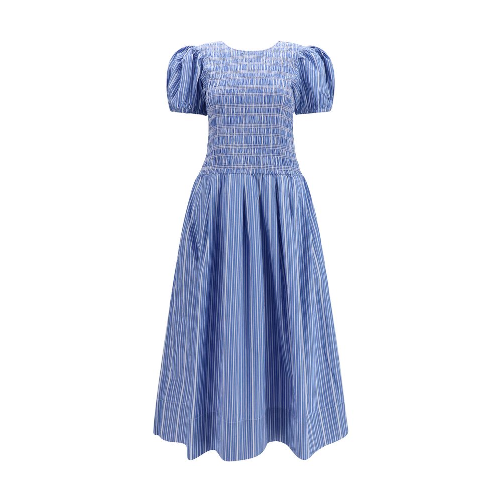 Ganni Blue & White Striped Puff Sleeve Cotton Dress